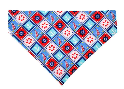 Sailboats and Anchors over the collar dog bandana, handmade slip-on style no-tie pet accessory.