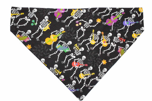 Skeleton Mariachi over the collar dog bandana, handmade slip-on style no-tie pet accessory.