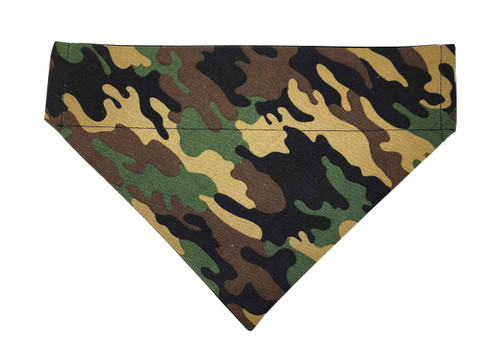 Green Camo over the collar dog bandana, handmade slip-on style no-tie pet accessory.