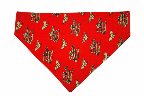 Wonder Woman Red over the collar dog bandana, handmade slip-on style no-tie pet accessory.