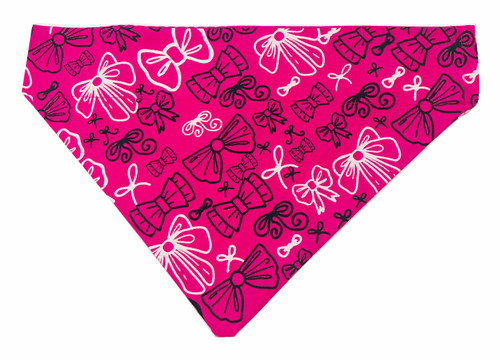 Pink Bow and Polka Dot over the collar dog bandana, handmade slip-on style no-tie pet accessory.