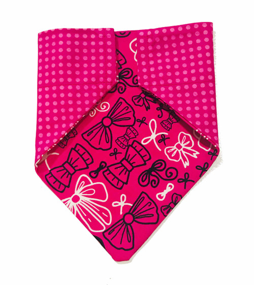 Pink Bow and Polka Dot over the collar dog bandana, handmade slip-on style no-tie pet accessory.