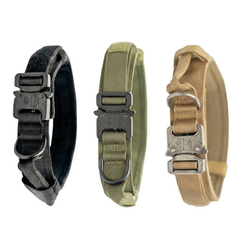 Three 1.5-inch Tactical Dog Collars shown in Black, OD Green, and Tan. Features heavy-duty metal quick-release buckles and durable nylon webbing