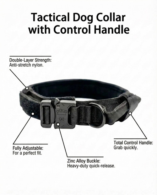 Features diagram of Barking Bad Tactical Collar. Highlights include double-layer anti-stretch nylon, zinc alloy quick-release buckle, total control grab handle, and fully adjustable fit