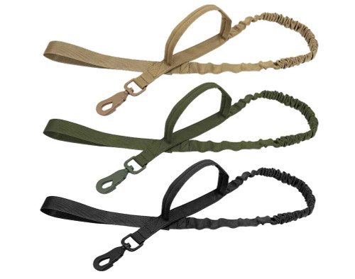 Collection of three Tactical Bungee Leashes in Coyote Tan, Ranger Green, and Black. Top view showing the dual-handle design and elastic shock-absorbing sections