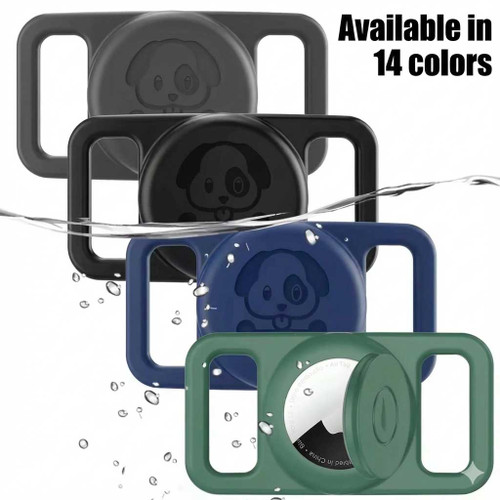 Waterproof Silicone AirTag Holders shown in Black, Blue, and Green. Demonstrates water-resistant design that protects the Apple AirTag device from splashes and rain