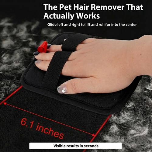 Hand wearing Pet Hair Remover Glove wiping gray fur off black fabric. Text highlights 'The Pet Hair Remover That Actually Works' and shows 6.1-inch width coverage