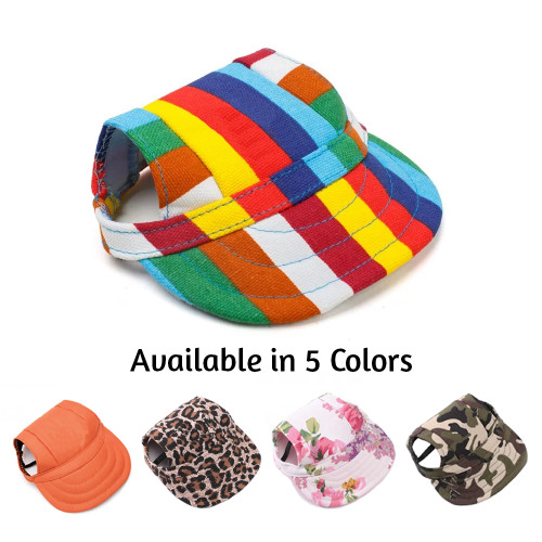 Collection of Barking Bad Flat Brim Dog Hats showing available patterns: Rainbow Striped, Solid Orange, Leopard Print, Floral, and Camouflage.