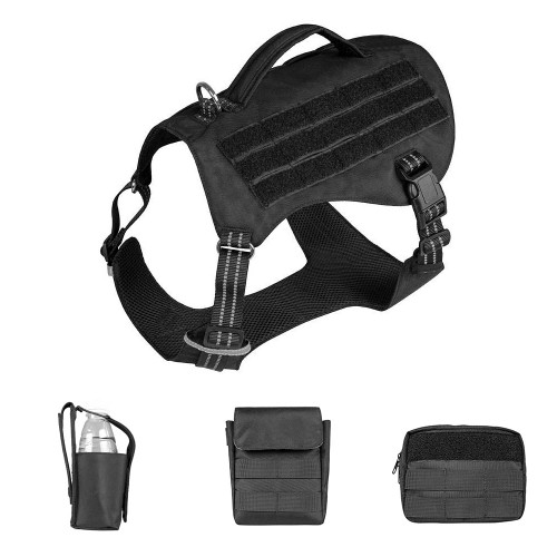 Black tactical dog vest with breathable air-mesh and MOLLE webbing for police and working dogs.