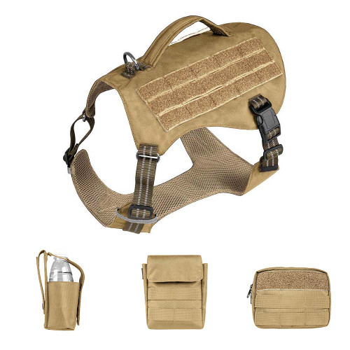 Breathable air-mesh dog hiking harness in Coyote Tan with top control handle and Velcro patch panels.