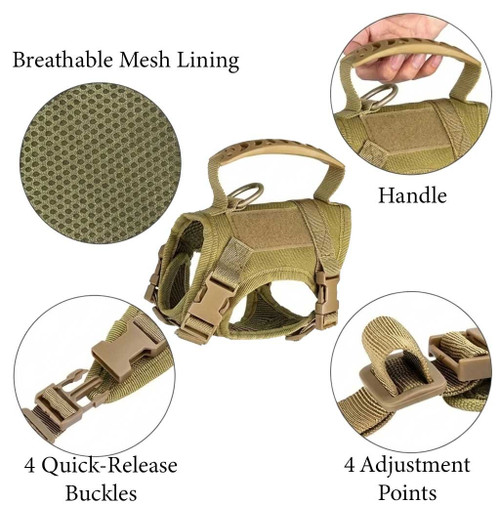Key features of the Small Tactical Vest: Breathable mesh lining for comfort, sturdy rubber handle, 4 quick-release buckles for easy on/off, and 4 adjustment points for a custom fit