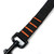 Close up of heavy-duty black metal swivel clip and reinforced orange reflective stitching on short dog leash