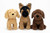 Group shot of 3 plush dog toys including German shepherd and 2 Labradors