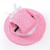 Pink breathable mesh dog sun visor hat with white polka dot ribbon, ear holes, and adjustable chin strap.