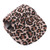 Close-up view of leopard print canvas flat brim dog cadet hat with ear holes, showing the textured fabric and pattern.