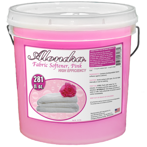 Alondra Pink Fabric Softener rose scent 2.2-gallon pail. Bulk laundry softener for fresh, static-free clothes