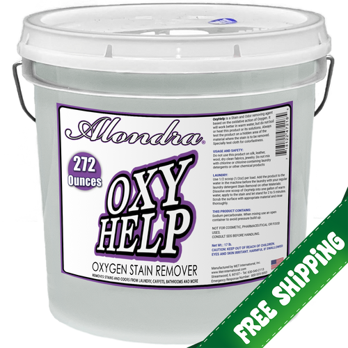 Alondra OxyHelp Powdered Stain Remover 17-lb pail with Free Shipping banner. Heavy stain fighting bulk powder for fabric and surfaces.
