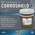 CorroShield corrosion inhibitor from WET International shown as a product container, designed to protect metals during industrial acid cleaning and descaling processes.