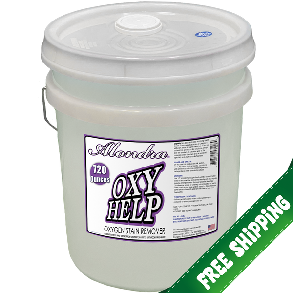 Alondra OxyHelp Powdered Stain Remover 45-lb pail with Free Shipping banner. Heavy stain fighting bulk powder for fabric and surfaces. Alondra OxyHelp Powdered Stain Remover 45-lb pail with Free Shipping banner. Heavy stain fighting bulk powder for fabric and surfaces.