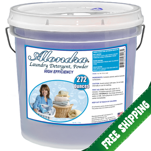 Alondra Powder Detergent with OxyHelp, 17 lb bulk stain-fighting laundry cleaner with Free Shipping banner. Heavy duty value size Alondra Powder Detergent with OxyHelp, 17 lb bulk stain-fighting laundry cleaner with Free Shipping banner. Heavy duty value size