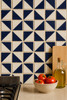 White and cobalt diagonal talavera 4x4 inch tile installed as a mosaic on a backsplash wall in a contemporary kitchen White and cobalt diagonal talavera 4x4 inch tile installed as a mosaic on a backsplash wall in a contemporary kitchen