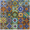 Vibrant set of 100 hand-painted Mexican tiles featuring 20 unique patterns, showcasing bold colors, traditional motifs, and artisan craftsmanship