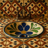 Mexican tile "Acapulco" hand-painted talavera ceramic on a bathroom counter with mission design