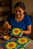 Artisan painting sunflower tile by hand
