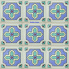 high relief tiles paintes pastel green, pastel blue, plum and white