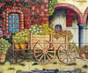 mexican tile mural with rustic wagon with flowers
