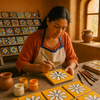Artisan hand-painting a white daisy on an orange Talavera tile in a traditional workshop.