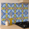 Mexican tile with Flor de Puebla 4x4 inch pattern on a kitchen backsplash wall
