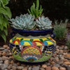 Large Jardín del Sol Talavera Planter displaying vivid yellow and cobalt blue design with artisan brushwork