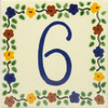 Talavera House Number Tile Six displaying a bright blue numeral highlighted by a charming leafy border with colorful motifs.
