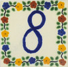 Talavera House Number Tile Eight decorated with a lively multicolor border of flower like shapes around a cream background.