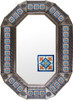 Vintage Talavera Tile Tin Frame Mirror shown in a warm copper tone frame with artisan embossed details and bright Talavera tile designs.
