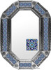Indigo Tile Tin Mirror in a natural tin finish showcasing detailed metal embossing paired with vivid indigo and blue patterned tiles along the border.