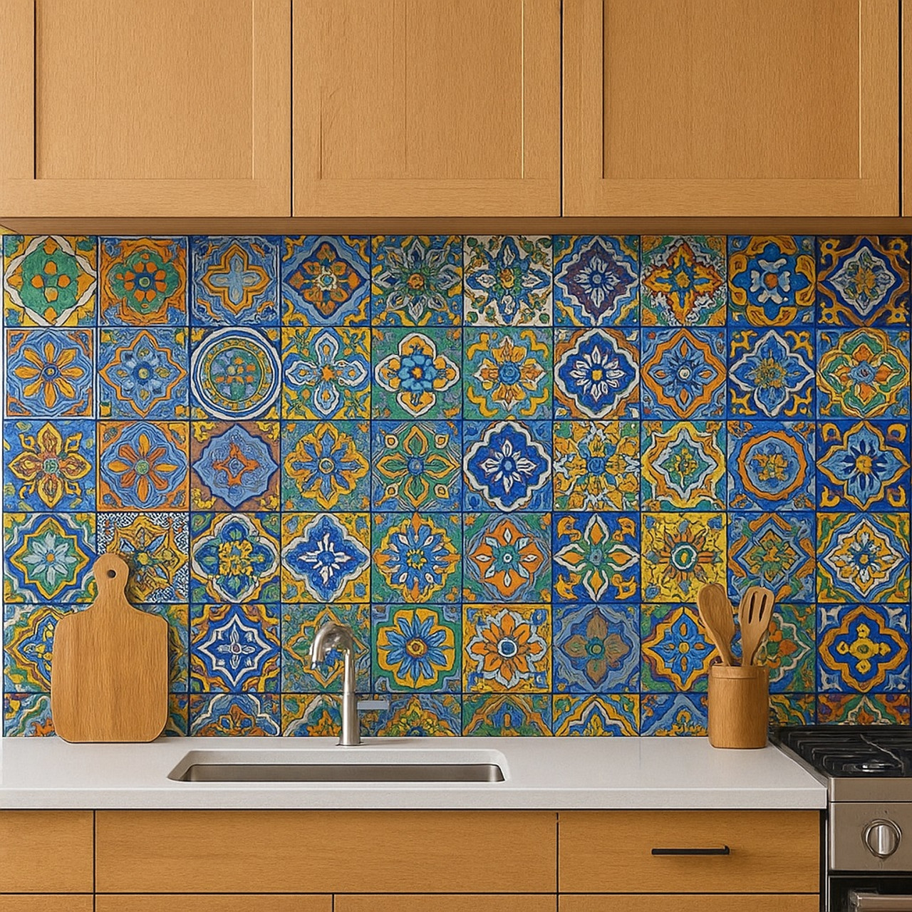 Vibrant hand-painted tile mix collection on the kitchen backsplash