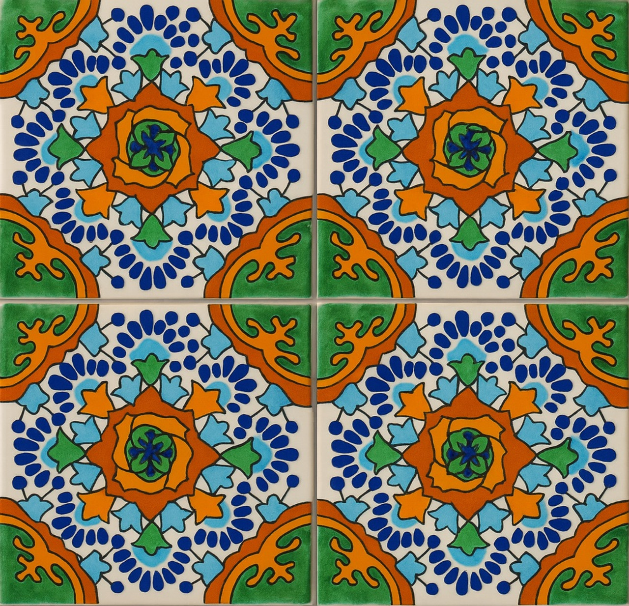 Cobalt Blossom Harmony Talavera tile with vibrant orange, blue, and green floral pattern.