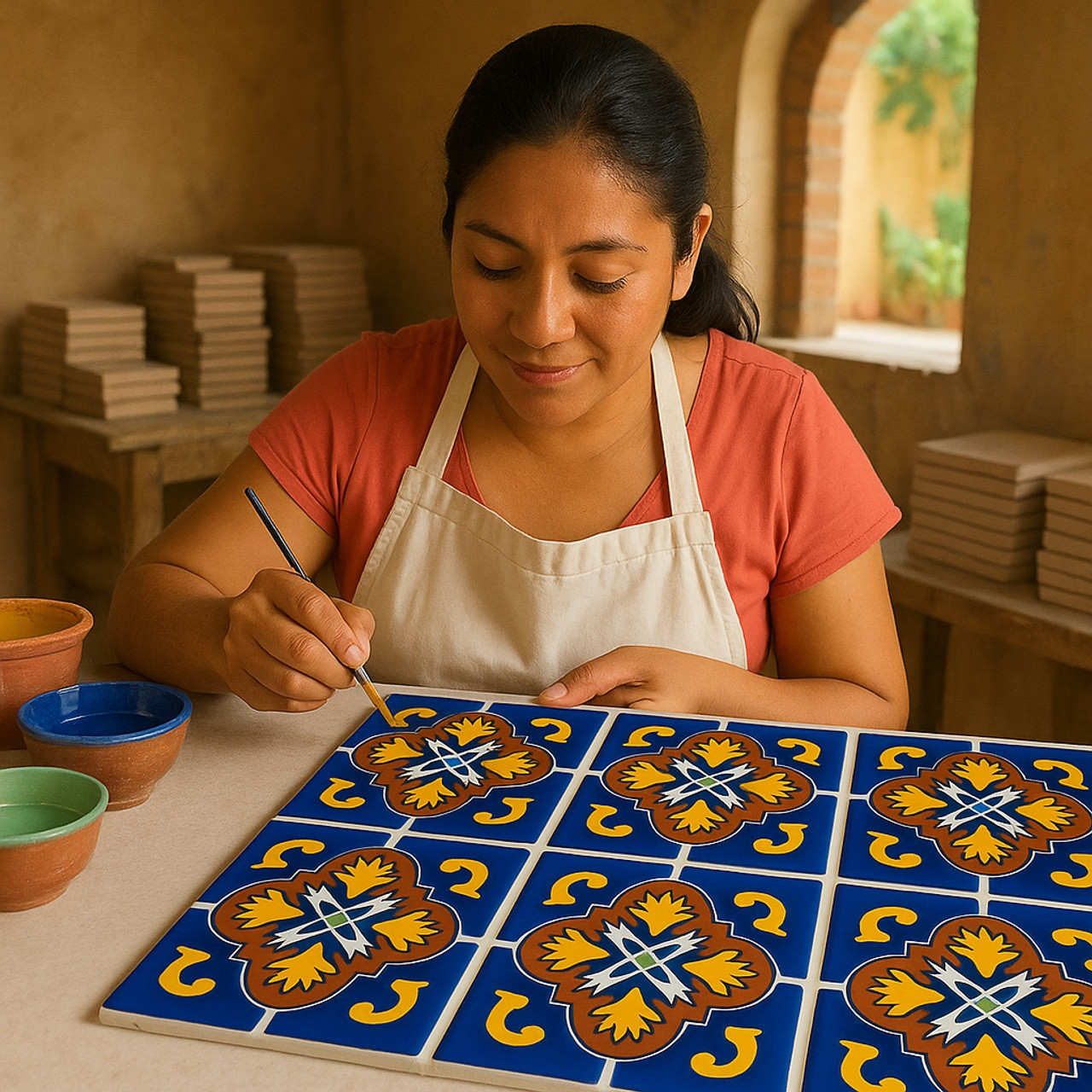 Artisan painting blue, yellow, and terracotta "Dolores" Talavera tiles by hand.