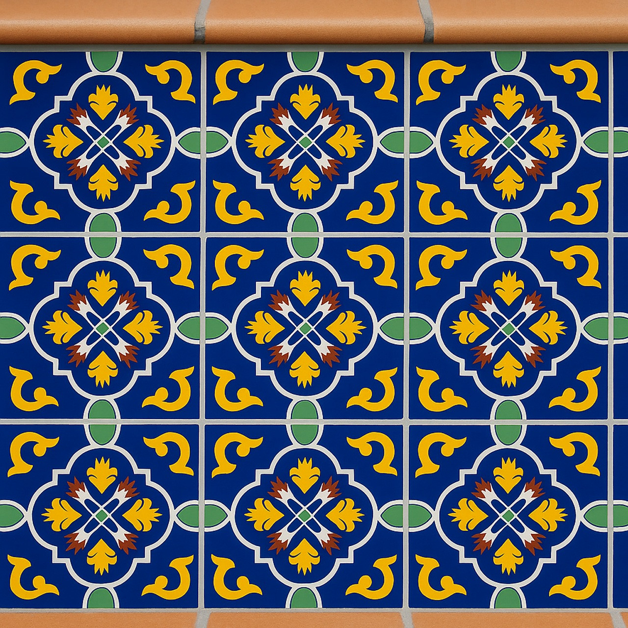 Wall of "Dolores" Talavera tiles with blue background, yellow accents, and green floral connectors.