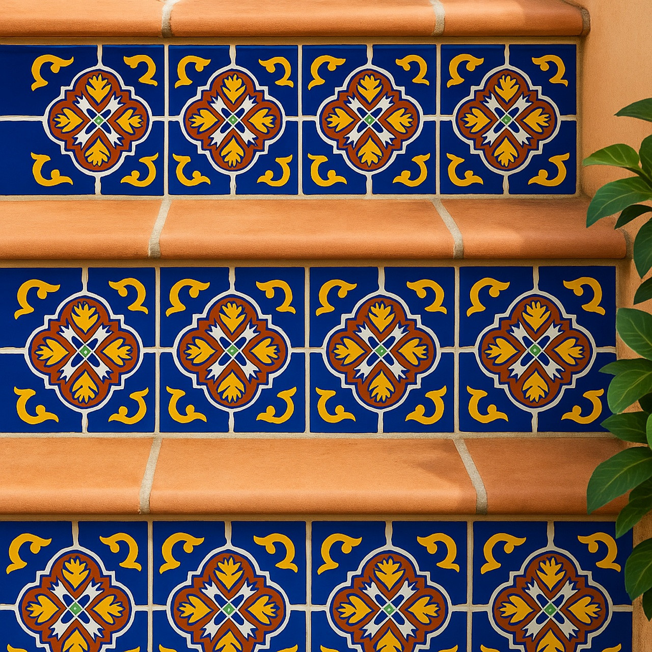 Stair risers decorated with vibrant "Dolores" Talavera tiles in blue, yellow, and terracotta.