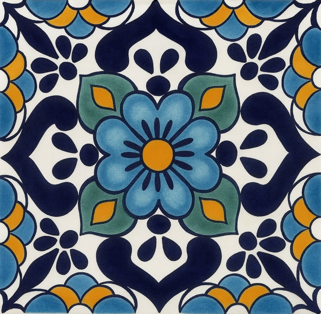 Mexican Tile Azure Petal Radiance with blue floral center and yellow accents