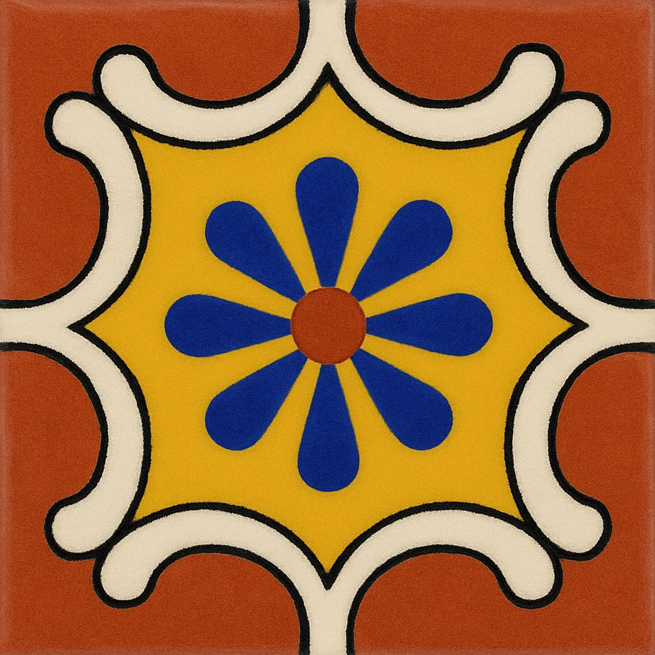 Decorative Mexican tile with yellow, cobalt and terracotta accents detail view
