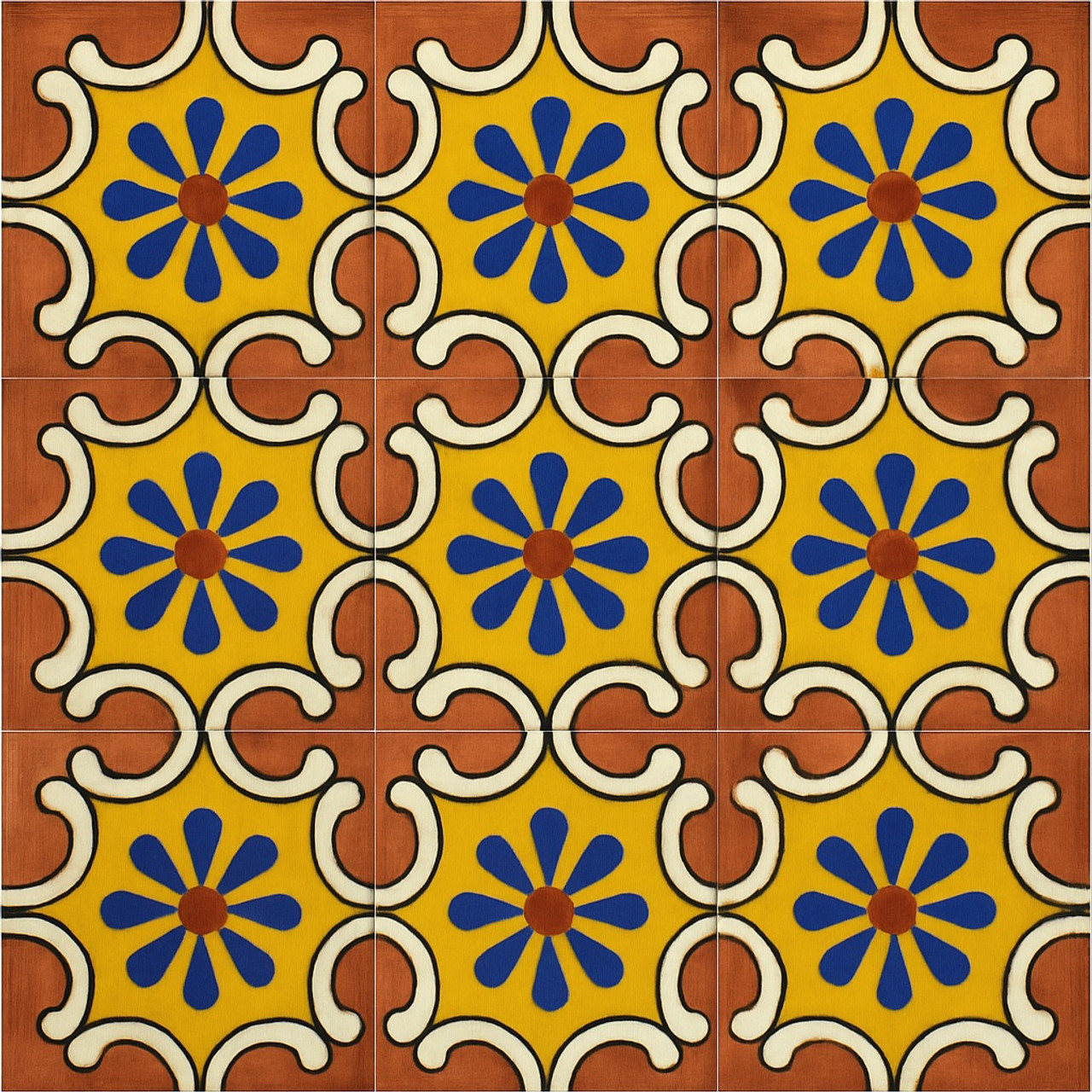 Decorative Mexican tile with yellow, cobalt and terracotta accents