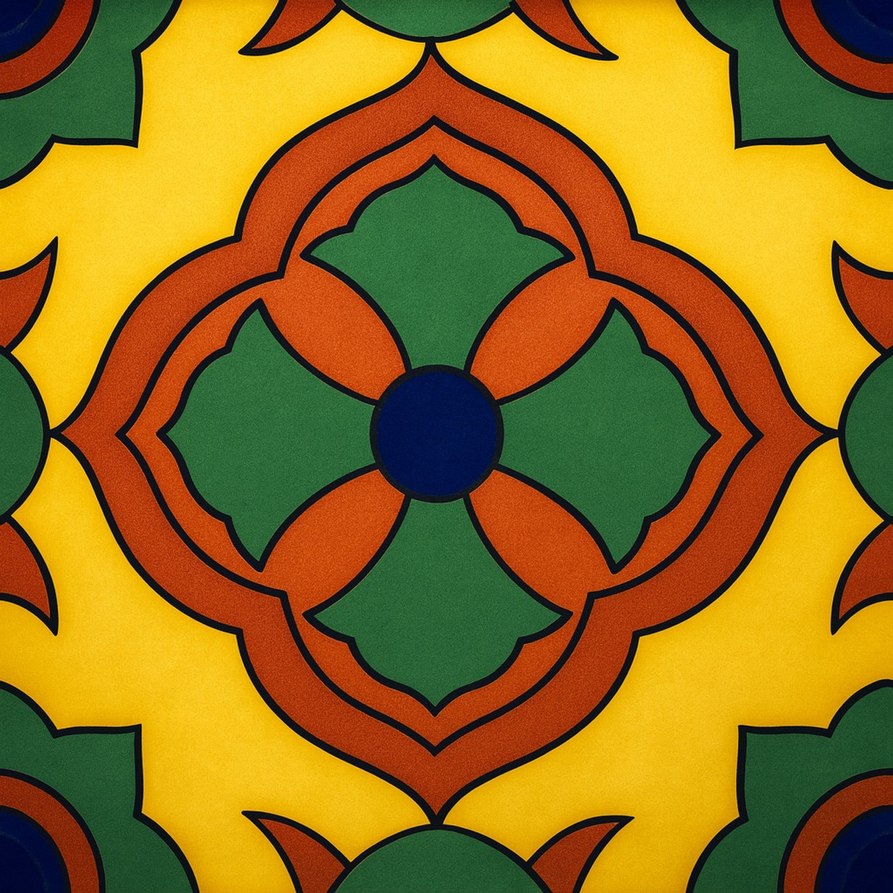 Mexican Tile Cruz del Sol with bold green and terracotta cross on golden background.