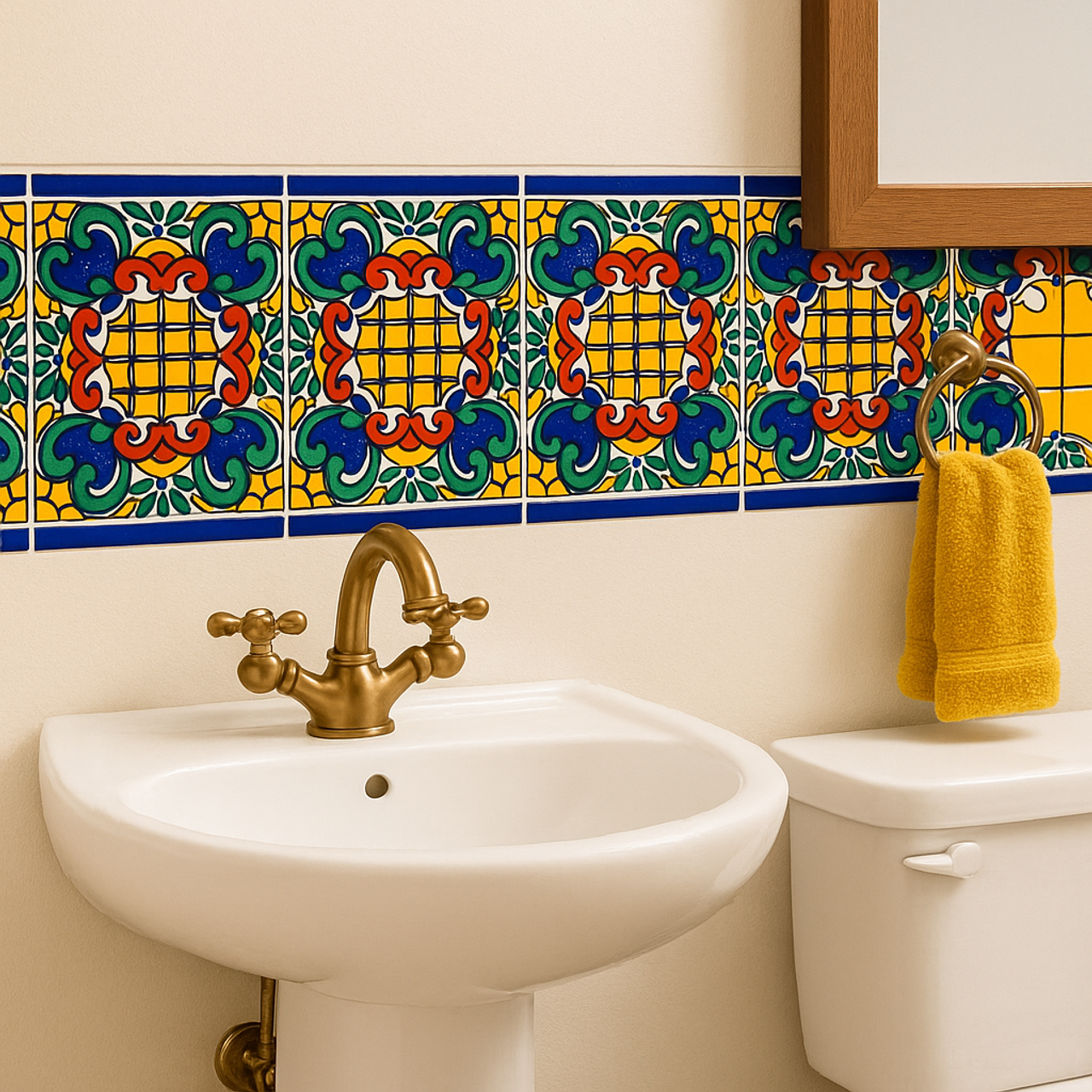 Mexican Tile Tehuacán colorful Talavera tile border in a bathroom wall above a pedestal sink, featuring hand-painted yellow, green, blue, and terracotta scroll motifs with cobalt blue trim