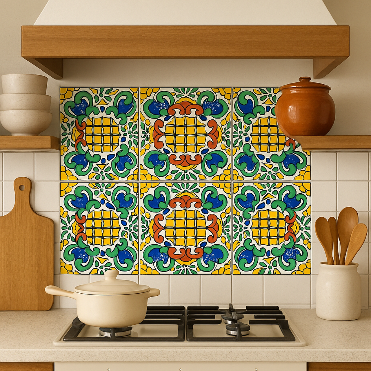 Mexican Tile Tehuacán backsplash in a neutral-tone kitchen featuring a vibrant yellow, blue, green, and terracotta hand-painted pattern above a gas cooktop.