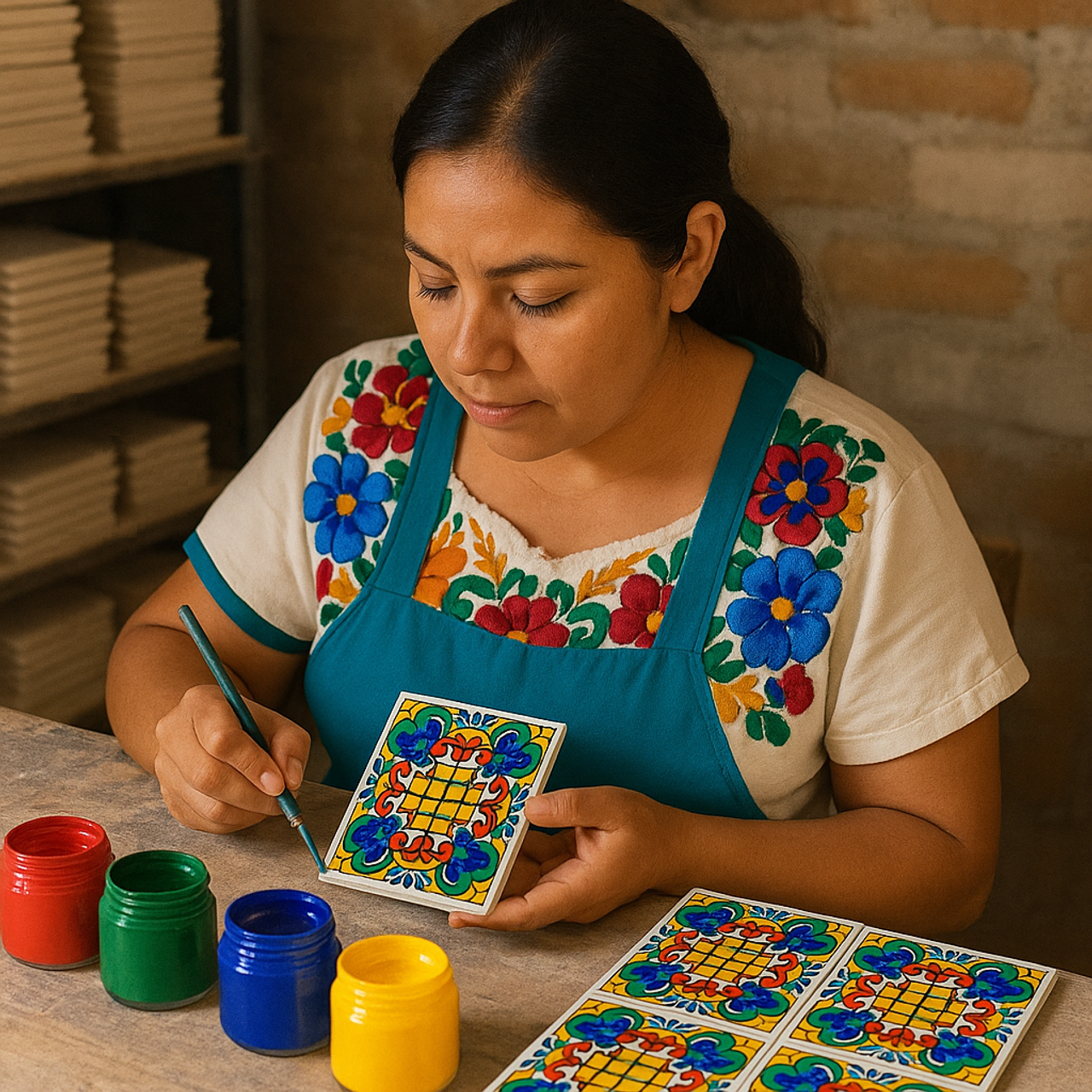 artisan painting a 4×4‑inch Talavera tile by hand, applying vibrant blue glaze to intricate floral scroll motifs in her workshop.
