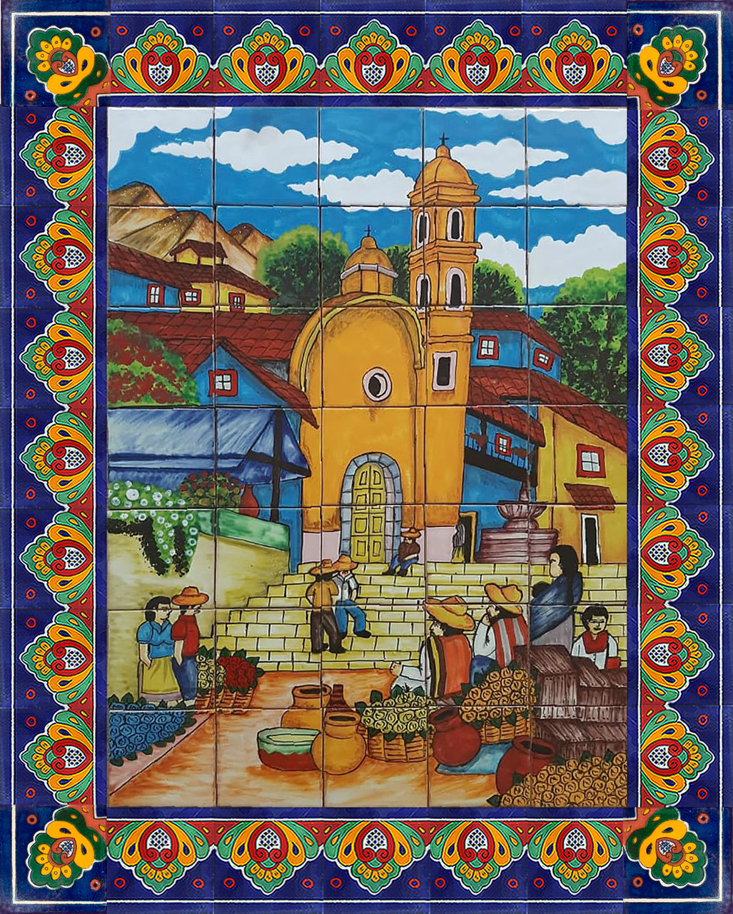 Mexican tile mural with traditional church